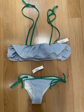 🆕 Jcrew Striped Ruffle Bikini Top & Tie-Side Bottoms in Blue and Green